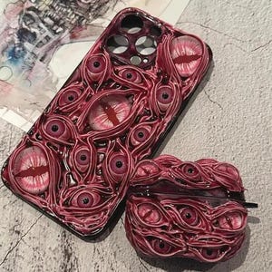 Gothic Glowing Eyeball Phone Case with Matching AirPods Cover, Horror Accessories for iPhone & Samsung