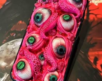 Pink Flesh Horror-telefoonhoesje met oogbollen, 3D-harskunst voor iPhone Samsung, Creepy Cute Goth-cadeau, Weirdcore Aesthetic