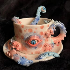 Handmade Cthulhu Ceramic Mug: Red Tentacle Monster Cup