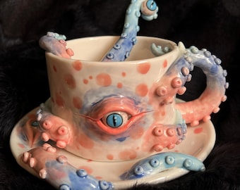 Handmade Cthulhu Ceramic Mug: Red Tentacle Monster Cup