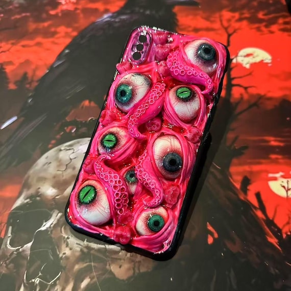 Pink Flesh Horror Phone Case with Eyeballs, 3D Resin Art for iPhone Samsung, Creepy Cute Goth Gift, Weirdcore Aesthetic
