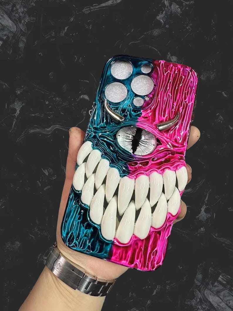 3D Eyeball Phone Case, Gothic Horror Resin Case for iPhone & Samsung, Pixel, Biodegradable Phone Cover, Handmade Textured Grip, Daily Use Ocean Blue+Rose Red