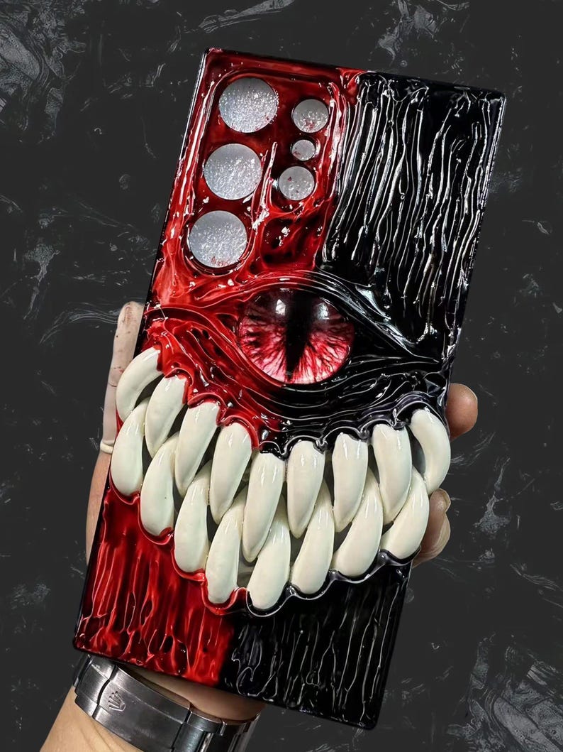 3D Eyeball Phone Case, Gothic Horror Resin Case for iPhone & Samsung, Pixel, Biodegradable Phone Cover, Handmade Textured Grip, Daily Use Red+Black