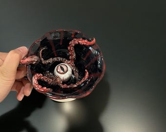 Handmade Cthulhu Mug: Red Tentacle Ceramic Cup, Horror Gift