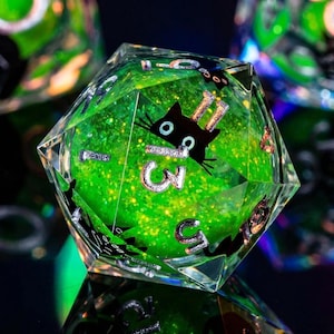May include: A clear, multi-sided die with a green interior filled with glitter. The die features a black cat silhouette and silver numbering. The number 13 is prominently displayed. The overall theme is fantasy gaming.