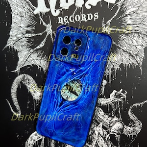 Handmade Gothic Horror Phone Case with 3D Eyeball – Flesh Texture Resin Cover for iPhone & Samsung Blue