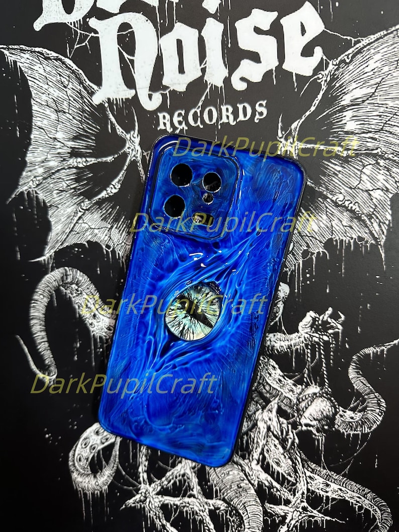 Handmade Gothic Horror Phone Case with 3D Eyeball – Flesh Texture Resin Cover for iPhone & Samsung Blue
