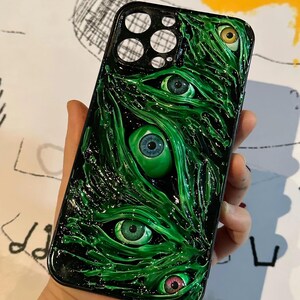 Funda de teléfono con ojos humanos de terror 3D - Funda gótica para iPhone 17/16/15 ProMax y Samsung, Google Pixel, Motorola Razr, regalo de Halloween Green