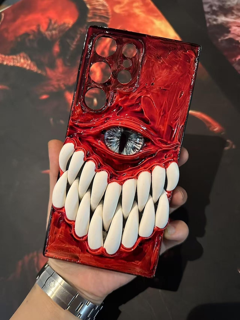 3D Eyeball Phone Case, Gothic Horror Resin Case for iPhone & Samsung, Pixel, Biodegradable Phone Cover, Handmade Textured Grip, Daily Use Red