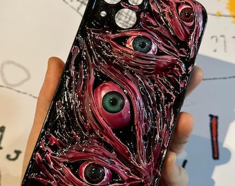 Handmade 3D Veined Texture Gothic Phone Case with eyeballs, Weird Core Horror Art for iPhone & Samsung, Google Pixel, Gothic Halloween Gift
