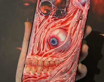 Handmade 3D Horror Phone Case with Eyeball & Teeth Design, horroeyeart for iPhone, Samsung Galaxy, Google Pixel, Motorola