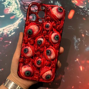 Custodia per telefono con occhi e denti insanguinati 3D inquietanti, custodia per iPhone Mini 11 SE 8 Plus X XR XS da 16, 15, 14, 12, Samsung Galaxy Z Flip 6, 5, Google Pixel