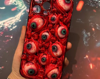 Creepy 3D Blood Eyeballs & Teeth Phone Case, 16 15 14 12 Mini 11 SE 8 Plus X XR XS iPhone Case, Samsung Galaxy Z Flip 6 5, Google Pixel Case