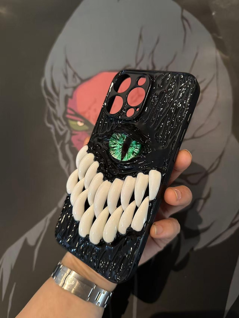 3D Eyeball Phone Case, Gothic Horror Resin Case for iPhone & Samsung, Pixel, Biodegradable Phone Cover, Handmade Textured Grip, Daily Use Black+Green Eye