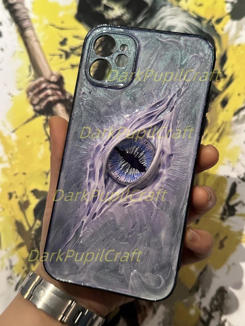 Handmade Gothic Horror Phone Case with 3D Eyeball – Flesh Texture Resin Cover for iPhone & Samsung Light Purple