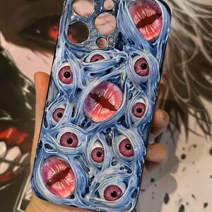Grotesque 3D Eyeball Phone Case – Handmade Bio-Horror Resin Case with Embedded Eyes for iPhone & Samsung Sky Blue