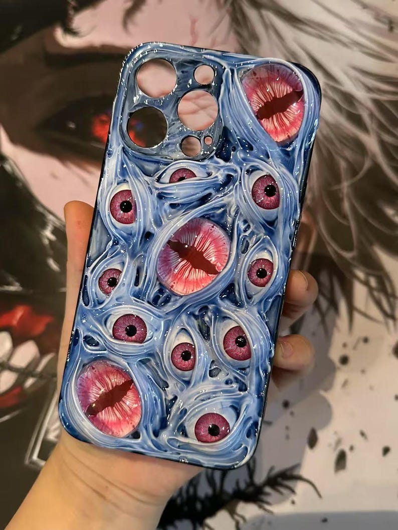 Grotesque 3D Eyeball Phone Case – Handmade Bio-Horror Resin Case with Embedded Eyes for iPhone & Samsung Sky Blue