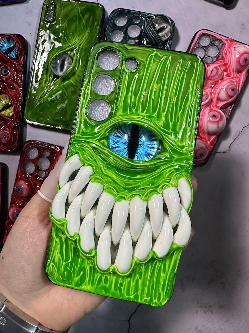 3D Eyeball Phone Case, Gothic Horror Resin Case for iPhone & Samsung, Pixel, Biodegradable Phone Cover, Handmade Textured Grip, Daily Use Green