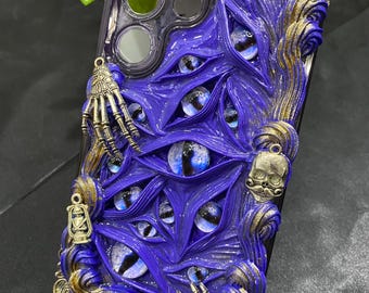 Punk Bat and Skeleton Claw Cat Eye Phone Case, 16 Pro Max 15 13 Mini 12 11 SE 8 Plus X XR XS iPhone Case, Galaxy Z Flip 5, Google Pixel Case