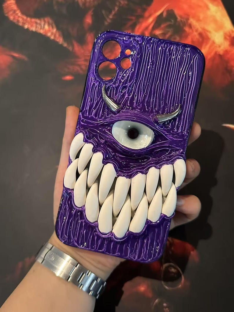 3D Eyeball Phone Case, Gothic Horror Resin Case for iPhone & Samsung, Pixel, Biodegradable Phone Cover, Handmade Textured Grip, Daily Use Purple (cow horns)