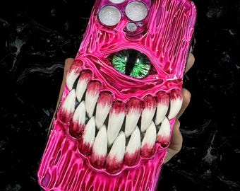 Glowing Teeth & Cat Eye Decoden Monster Phone Case,16 Pro Max 15 14 12 Mini 11 SE 8 Plus X XR iPhone Case,Galaxy Z Flip 6,Google Pixel Case