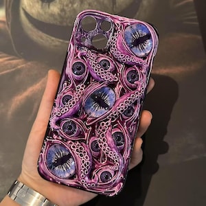 Grotesque 3D Eyeball Phone Case – Handmade Bio-Horror Resin Case with Embedded Eyes for iPhone & Samsung Purple