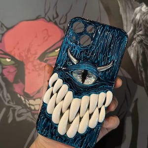 3D Eyeball Phone Case, Gothic Horror Resin Case for iPhone & Samsung, Pixel, Biodegradable Phone Cover, Handmade Textured Grip, Daily Use Ocean Blue( horns )