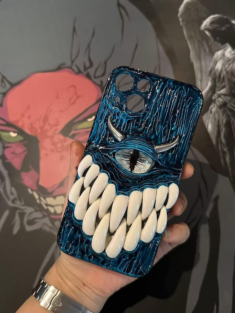 3D Eyeball Phone Case, Gothic Horror Resin Case for iPhone & Samsung, Pixel, Biodegradable Phone Cover, Handmade Textured Grip, Daily Use Ocean Blue( horns )