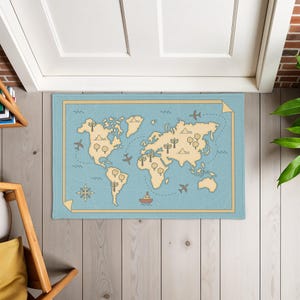 Tapete retro con mapa para viajeros, mapa del mundo vintage con aviones y barcos, acogedor felpudo para amantes de la aventura. DA0014