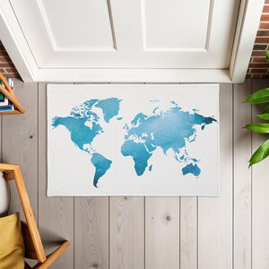 Felpudo con mapa del mundo, felpudo de entrada vibrante, acogedor para amantes de la aventura, ideal como regalo de inauguración. DA0016
