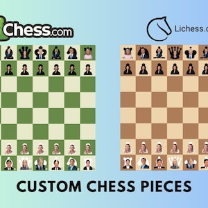 May include: Two chessboards with custom chess pieces. The chess pieces are replaced with images of people's faces. The boards are labelled Chess.com and Lichess.org. The text "CUSTOM CHESS PIECES" is displayed below the boards.