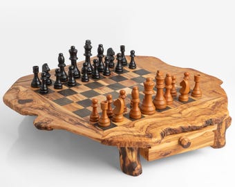Rustic Olive Wood Chess Board – Squares Available in Red or Black | Handcrafted Chess Board with Natural Edges