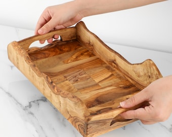 Olive Wood Tray with Handles - Rustic Serving Tray - Handmade Solid Wood