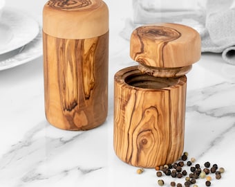 Olive Wood Salt Boxes | Salt Jar with Swivel Lid | Spice Storage | Handmade Kitchen Decor Gift