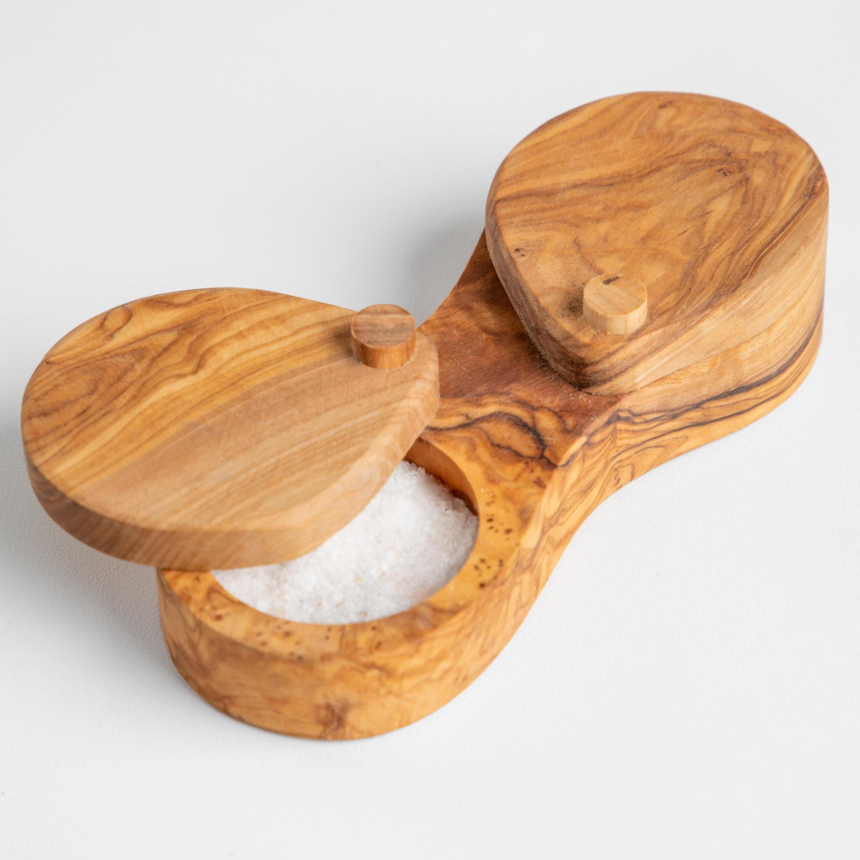 Olive Wood Salt and Pepper Box - Double Compartment with Swivel Lid - Handmade