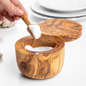 Olive Wood Salt Box with Lid & Spoon - Handmade Salt Cellar - Kitchen Gift