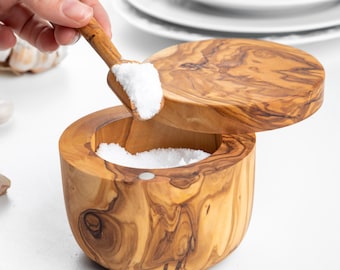 Olive Wood Salt Box with Lid & Spoon - Handmade Salt Cellar - Kitchen Gift