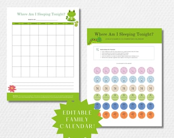 Dove dormirò stanotte? / Calendario di co-genitorialità per bambini / Modello Canva modificabile / Tabella di pianificazione familiare / Genitori divorziati stampabile