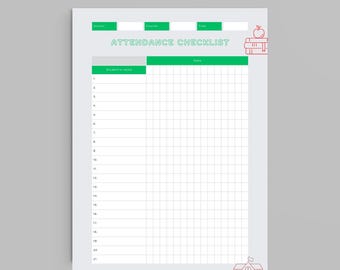 May include: A white attendance checklist with green and red accents. The checklist includes sections for school, course, time, student's name, and date. The words "ATTENDANCE LOG" and "ATTENDANCE CHECKLIST" are visible. An apple and books graphic is in the upper right corner.