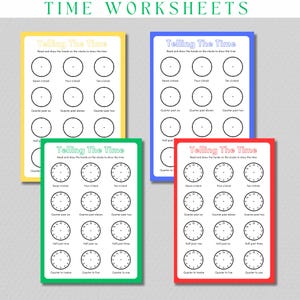 Könnte beinhalten: Vier farbige Arbeitsblätter zum Thema Zeit mit weißem Hintergrund und farbigem Rand. Jedes Arbeitsblatt enthält Zifferblätter zum Zeichnen von Zeigern. Der Text "Telling The Time" steht oben auf jedem Arbeitsblatt.
