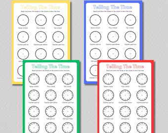 May include: Four colorful time worksheets with a white background and a colored border. Each worksheet has clock faces to draw hands on. The text "Telling The Time" is at the top of each worksheet. The worksheets are yellow, blue, green, and red.