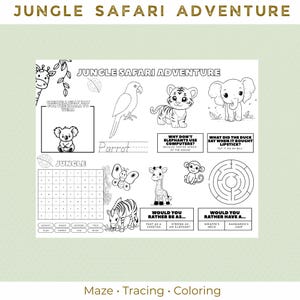 Jungle Adventure Activity Placemat| Printable Kids Birthday Game|PDF Download Placemat| Printable Activity Mat For Kids