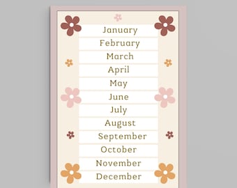 May include: Printable worksheet with a light beige background and a pink border. The worksheet lists the months of the year in a vertical format. Decorative floral elements in shades of brown, pink, and orange surround the text. The words "PRINTABLE WORKSHEET" are at the top.
