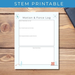May include: A STEM printable with the text "STEM PRINTABLE" at the top. The document is a "Motion & Force Log" with sections for object tested, how it was moved, what happened, and a sketch box. The document has a light blue border and is on a wooden surface.