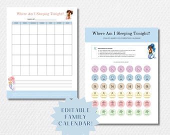 Dove dormirò stanotte? / Calendario di co-genitorialità per bambini / Modello Canva modificabile / Tabella di pianificazione familiare / Planner per genitori divorziati