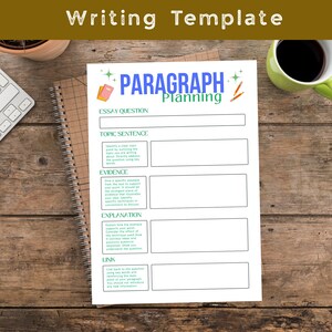 May include: A white writing template with the words "Writing Template" and "Paragraph Planning" in green and blue. The template includes sections for essay questions, topic sentences, evidence, explanation, and a link. A notebook, coffee cup, and keyboard are in the background.