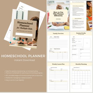 May include: A homeschool planner with multiple pages, including sections for family overview, student profiles, and lesson plans. The cover features the text "Homeschool Planner for Multiple Kids." The planner is designed for easy printing and digital use.