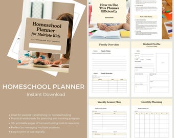Homeschool Planner for Multiple Students | Printable Homeschool Organizer | Family School Planner PDF | Lesson Plans, Attendance, Chores