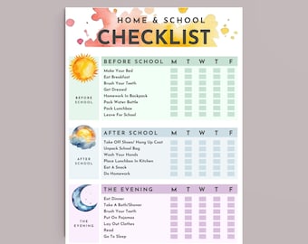 May include: A colorful home and school checklist for kids, featuring sections for before and after school, and the evening. The checklist includes tasks like making the bed, eating breakfast, and doing homework. The text "HOME SCHEDULE FOR KIDS" is at the top.