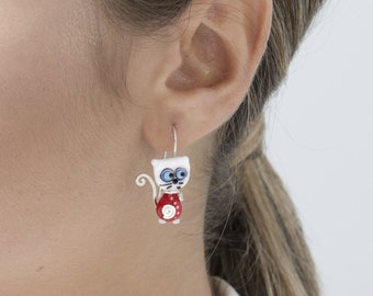Single Cat Earring,  Cat Lover Gift, Glass Lampwork Earring, Colorful Earrings, Cute Earrings, Mix and Match Earrings